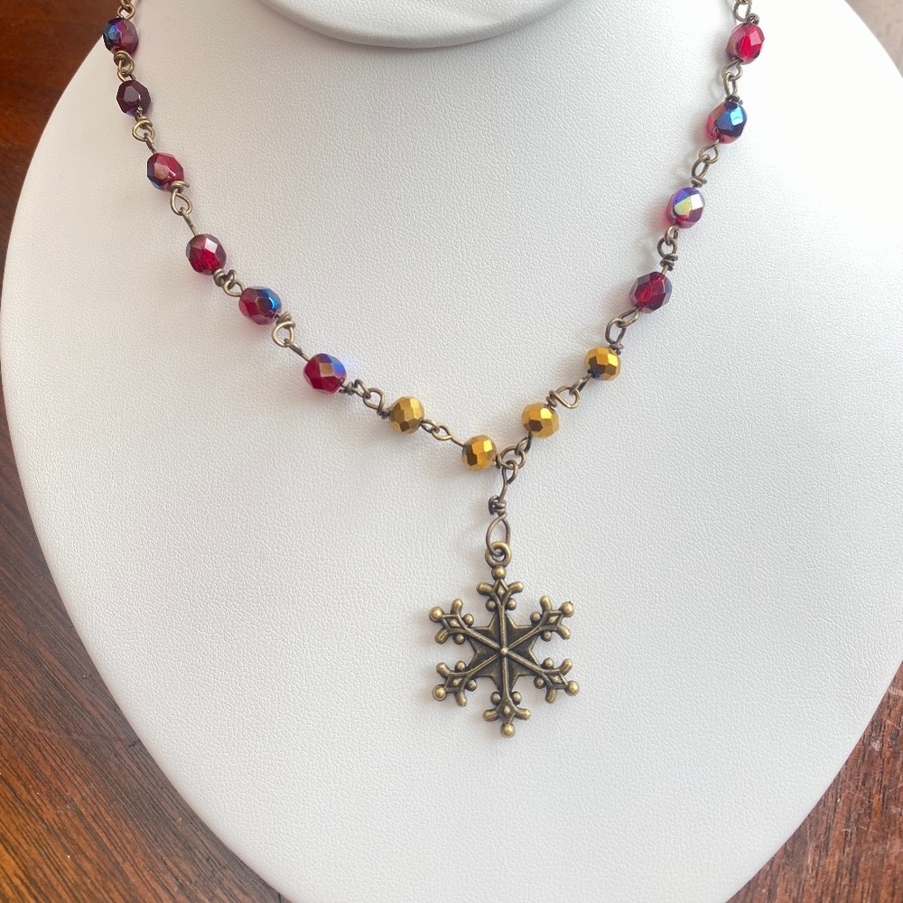 Snowflake Beaded Rosary Style Red, Brass & Golden Wire Wrapped Necklace